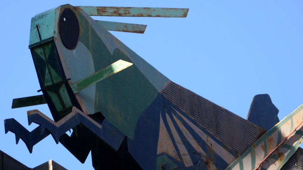 Close up shot of Joan Brossa's giant grasshopper's head