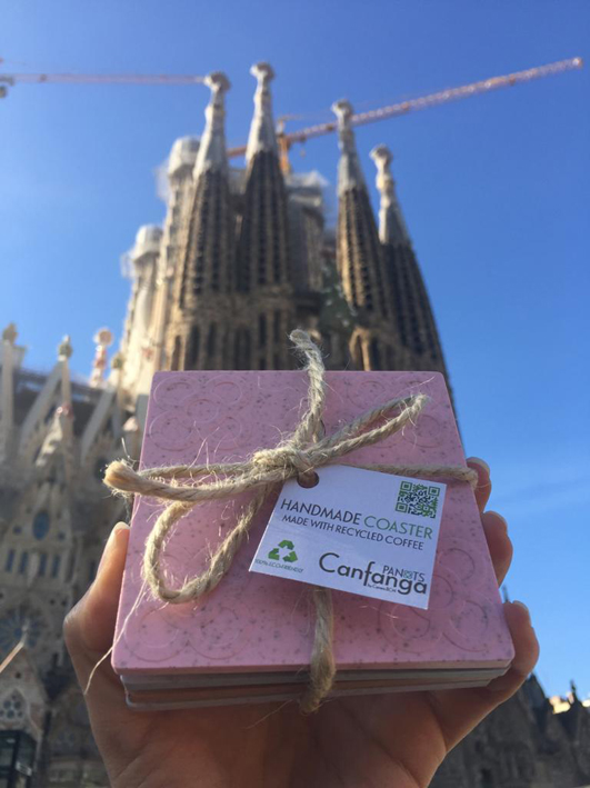 A 4-pack of Canfanga Panots coasters with the Sagrada Família in the background