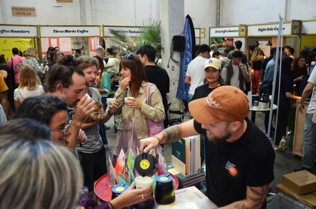 Photo of various coffee roaster stands and people visiting them at 2024 Barcelona Coffee Awards